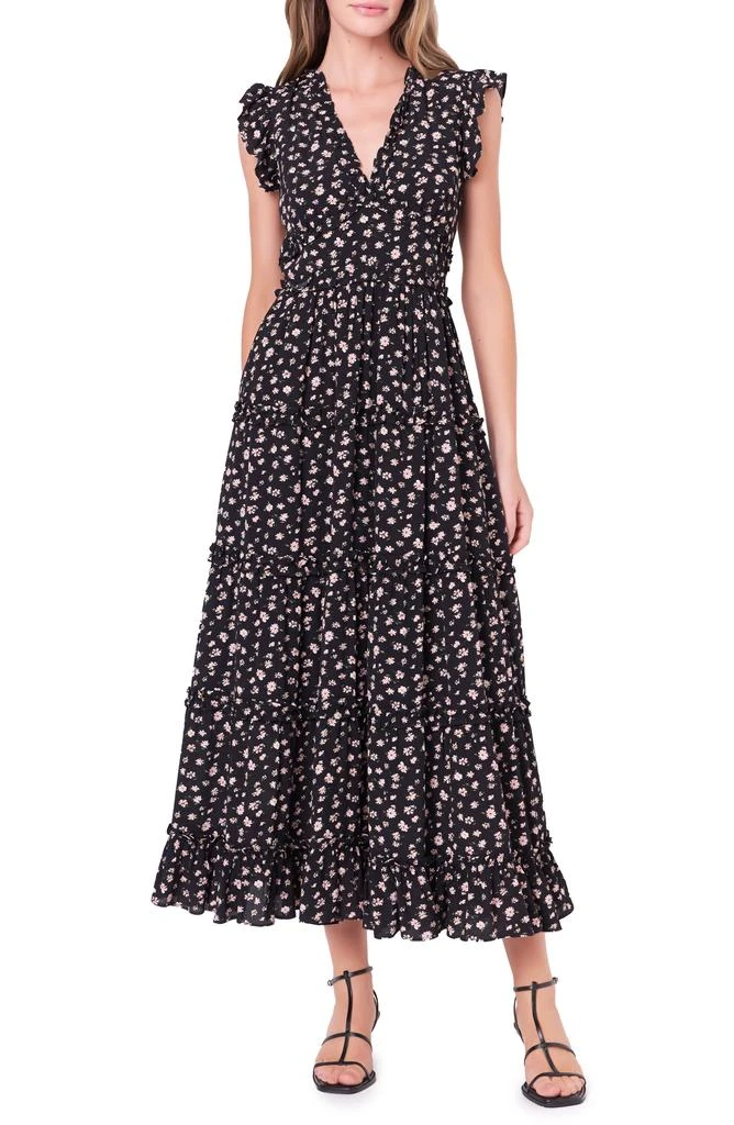 English Factory Floral Ruffle Cap Sleeve Tiered Maxi Dress 5