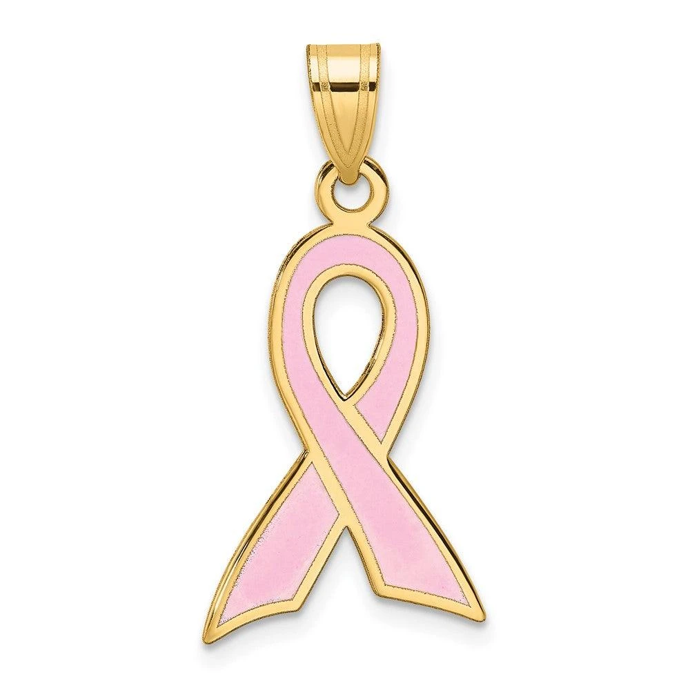 Diamond2Deal 14k Yellow Gold Large Enameled Pink Awareness Ribbon Pendant 1