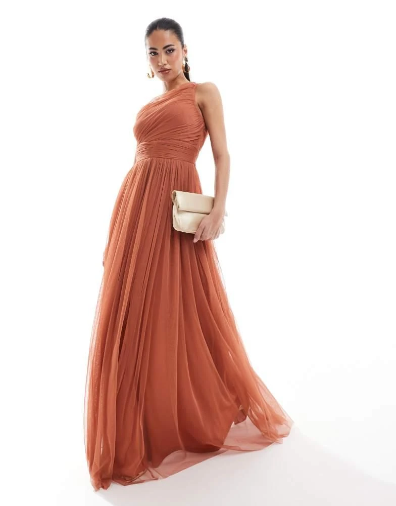 Lace & Beads Lace & Beads Bridesmaid one shoulder tulle maxi dress in terracotta rose 1