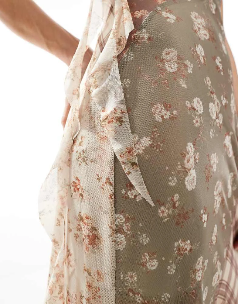 Bershka Bershka constrast check and floral maxi dress in neutral 3