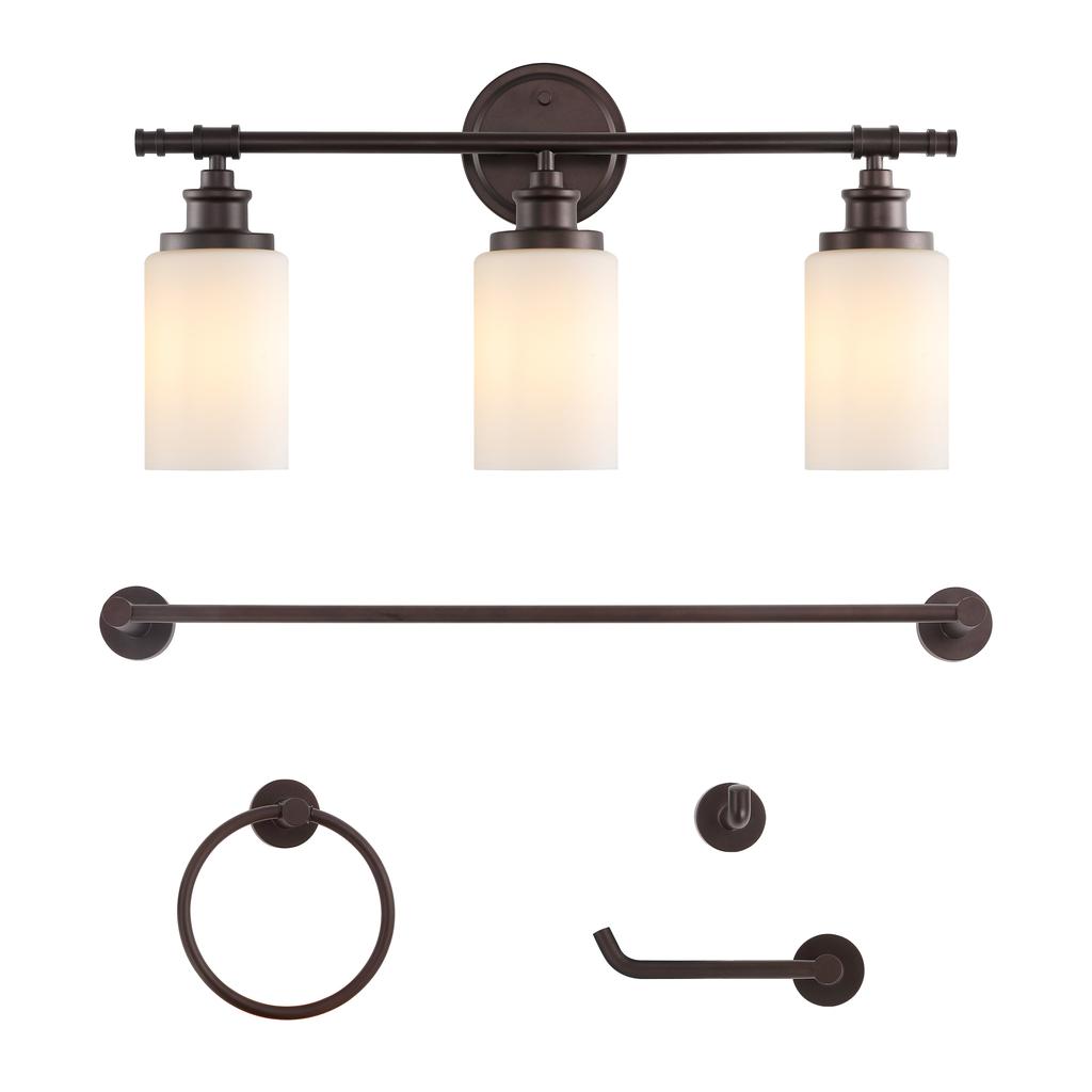 JONATHAN Y Egan 23.25" 3-Light Classic Cottage Vanity Light with Frosted Glass Shades and Bathroom Hardware Accessory Set, Oil Rubbed Bronze (5-Piece)