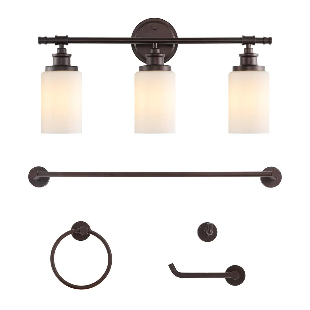 JONATHAN Y Egan 23.25" 3-Light Classic Cottage Vanity Light with Frosted Glass Shades and Bathroom Hardware Accessory Set, Oil Rubbed Bronze (5-Piece) 1