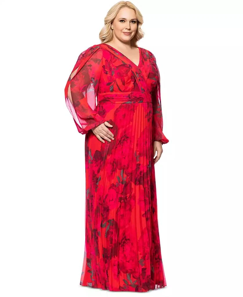 Betsy & Adam Plus Size Printed Pleated Long-Sleeve Gown 3
