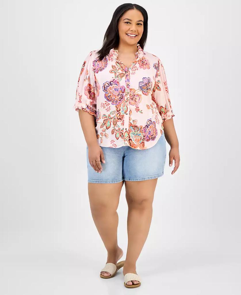 Democracy Trendy Plus Size Floral-Print Ruffle-Trim Blouse