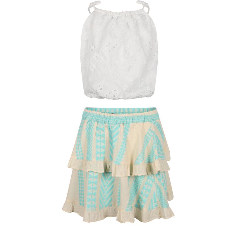 Devotion Embroidered cotton top and geometric print ruffled skirt set in white and turquoise