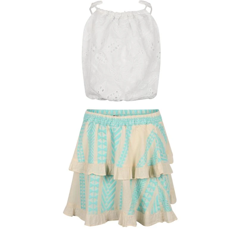 Devotion Embroidered cotton top and geometric print ruffled skirt set in white and turquoise from undefined