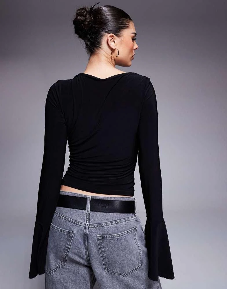 ASOS ASOS DESIGN asymmetric gathered flared long sleeve top in black 3
