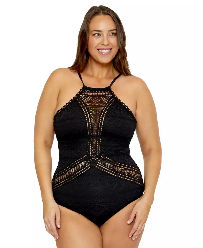 Becca Plus Size Color Play Crocheted High Neck One-Piece Swimsuit