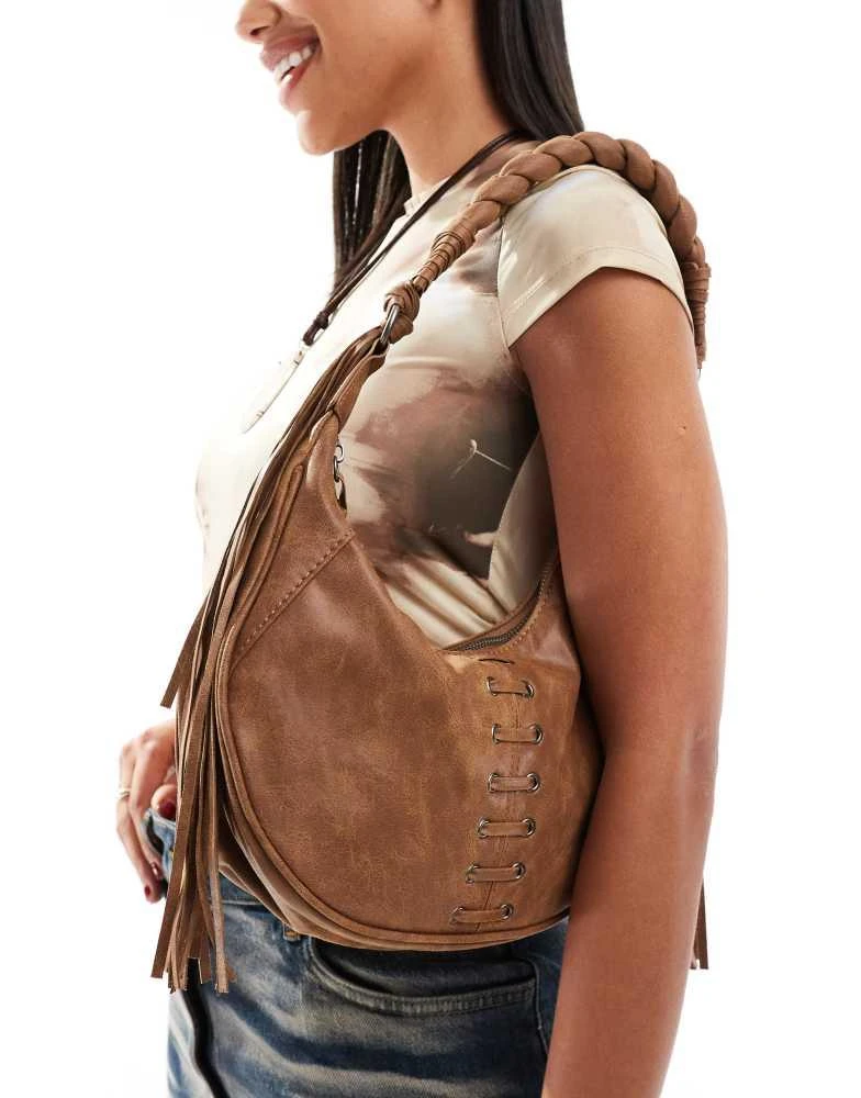 Bershka Bershka fringe detail shoulder bag in washed brown 3