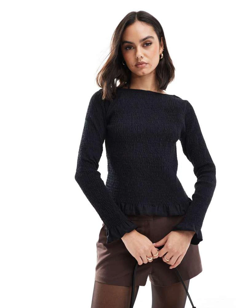 ASOS ASOS DESIGN poplin shirred slash neck top in black 1