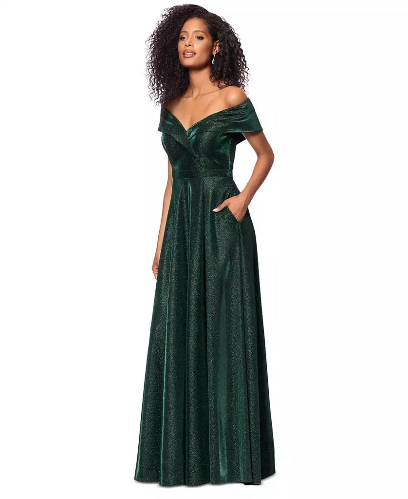 XSCAPE Women's Off-The-Shoulder Shimmer Wrap Style Gown 3