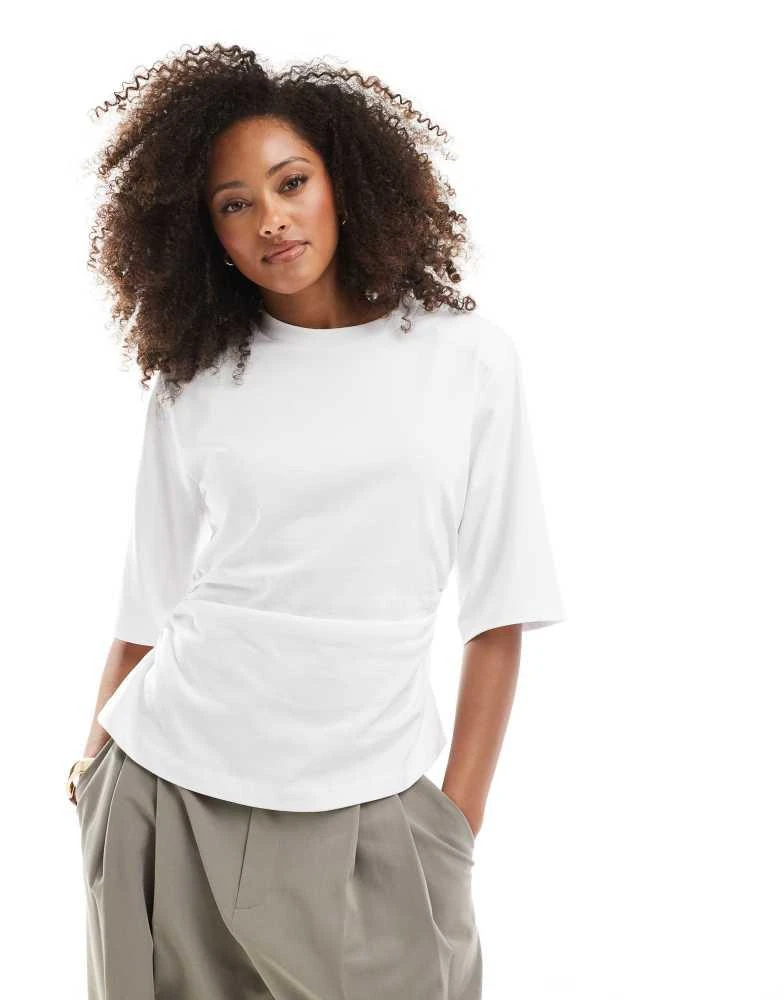 Shop ASOS DESIGN shoulder pad cinch waist t shirt in white on Sale