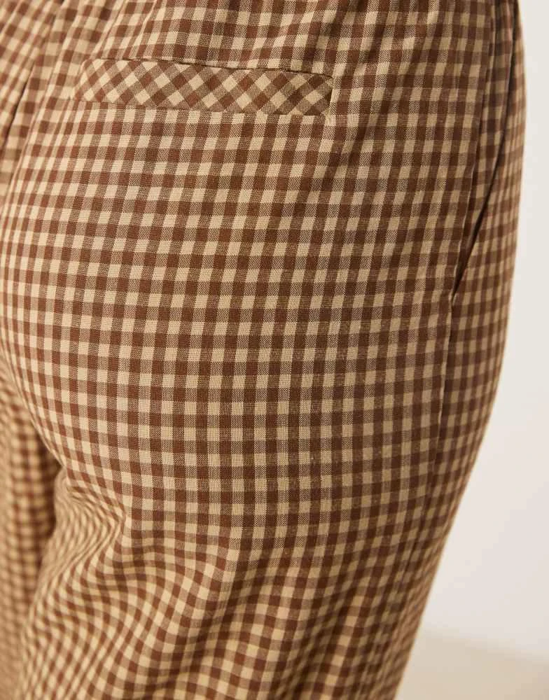 Threadbare Threadbare tie waist wide leg trousers in brown gingham 5