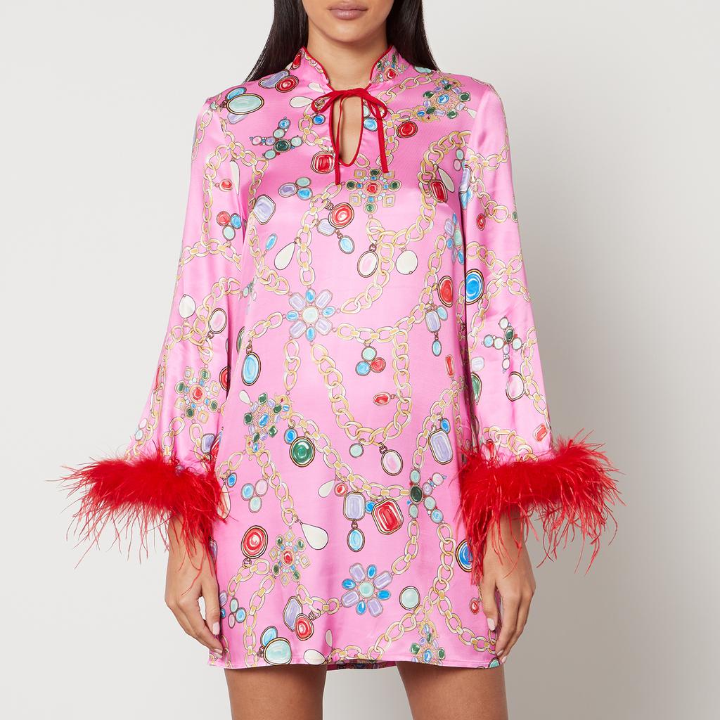 Kitri Carlotta Printed Feather-Trimmed Satin Mini Dress
