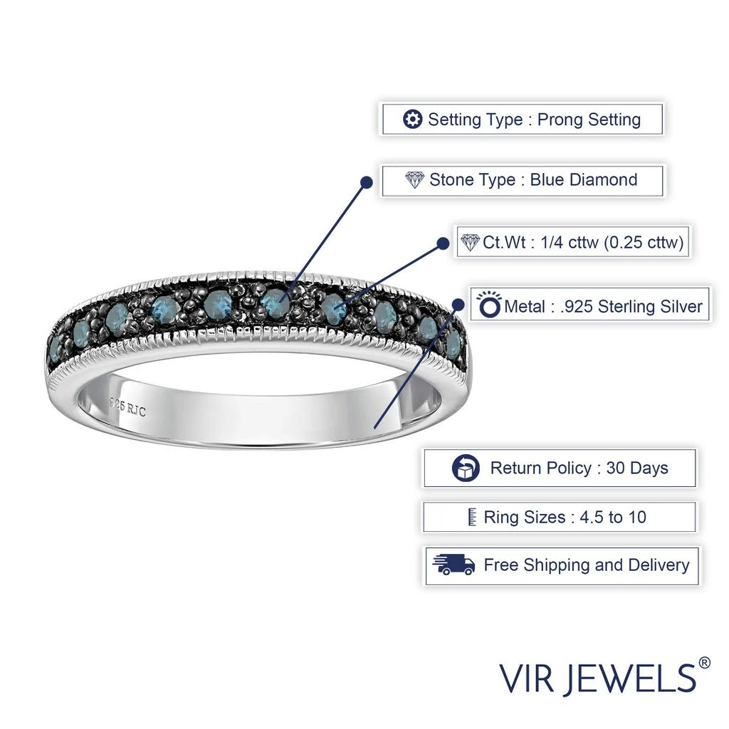 Vir Jewels 1/4 cttw Blue Diamond Ring Wedding Band with Milgrain .925 Sterling Silver 6