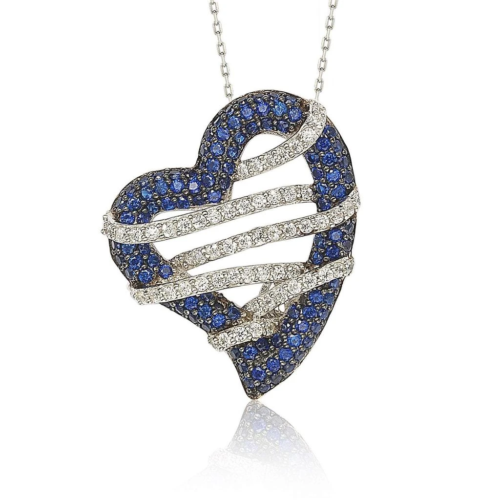 Suzy Levian Sterling Silver Blue 
White Sapphire and Diamond Accent Wrapped Heart Pendant