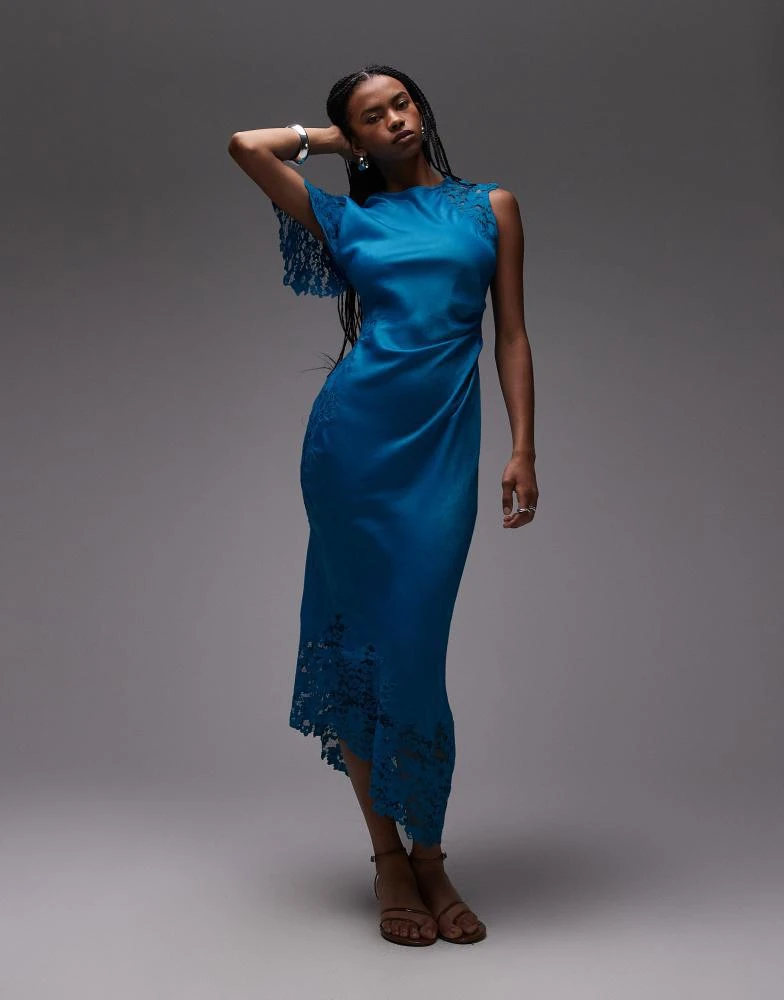 Topshop lace insert grown on shoulder midi dress in deep blue Topshop lace insert grown on shoulder midi dress in deep blue