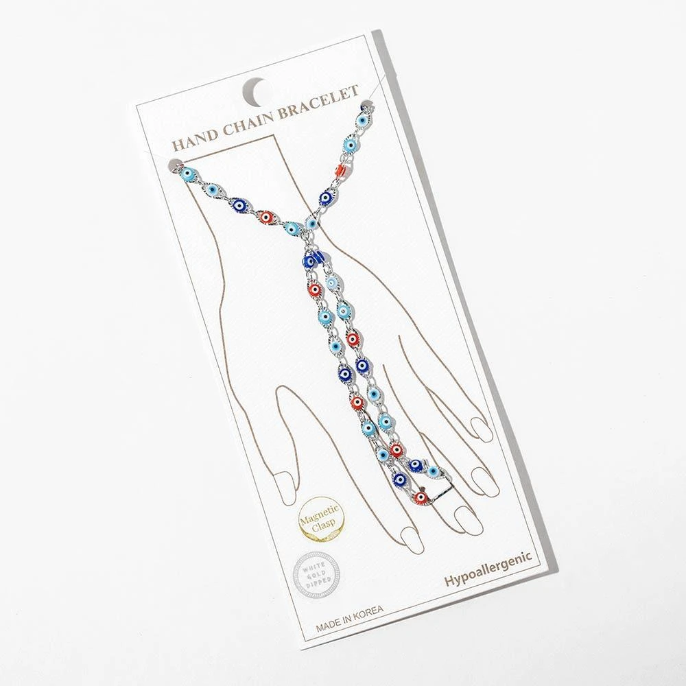 FASHNZFAB White Gold Dipped Evil Eye Charm Link Hand Chain Magnetic Bracelet