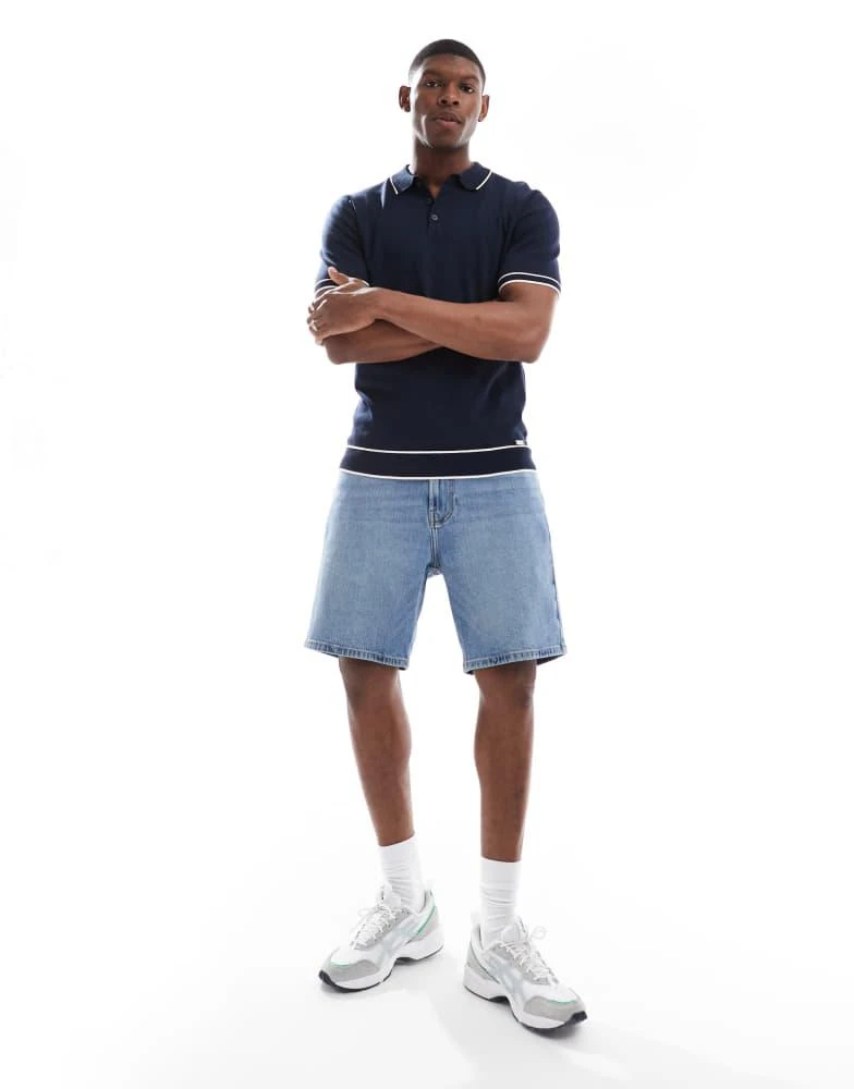 Threadbare Threadbare short sleeve knitted polo shirt in navy with white tipping 4
