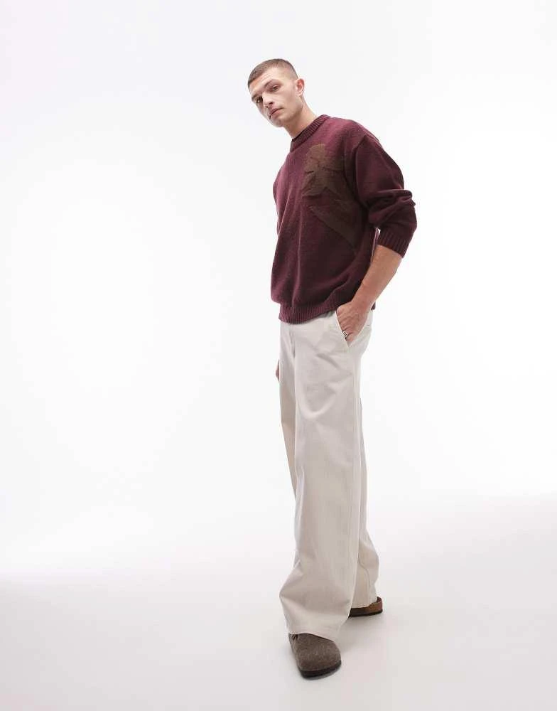 Topman Topman oversized jumper with floral jacquard in burgundy 2