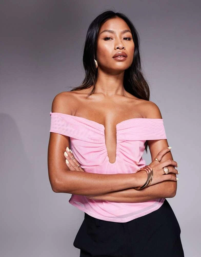 ASOS ASOS DESIGN mesh plunge detail bardot top in baby pink