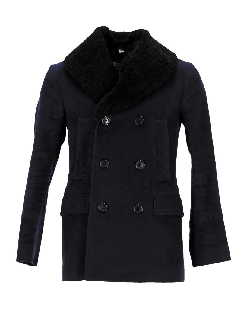 Burberry London Bateson Pea Coat With Shearling Collar in Navy Blue Viscose 1
