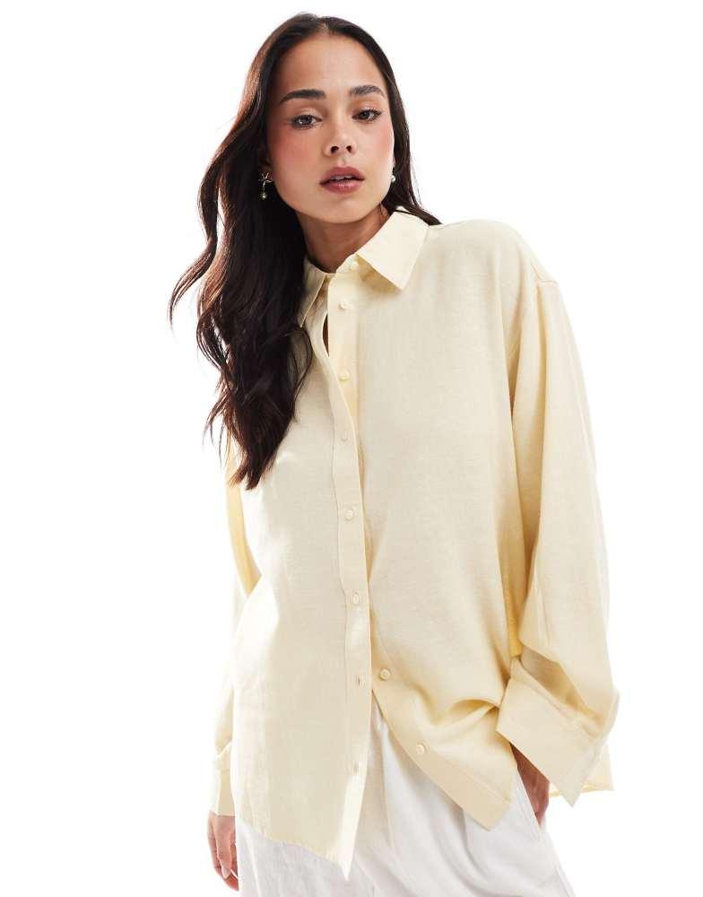 Stradivarius Stradivarius linen look long sleeve shirt in buttermilk