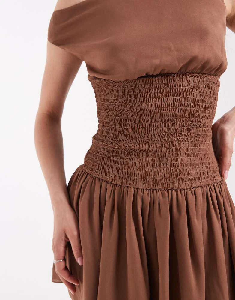 Daisy Street Daisy Street off the shoulder boho georgette shirred detail mini dress in brown 3