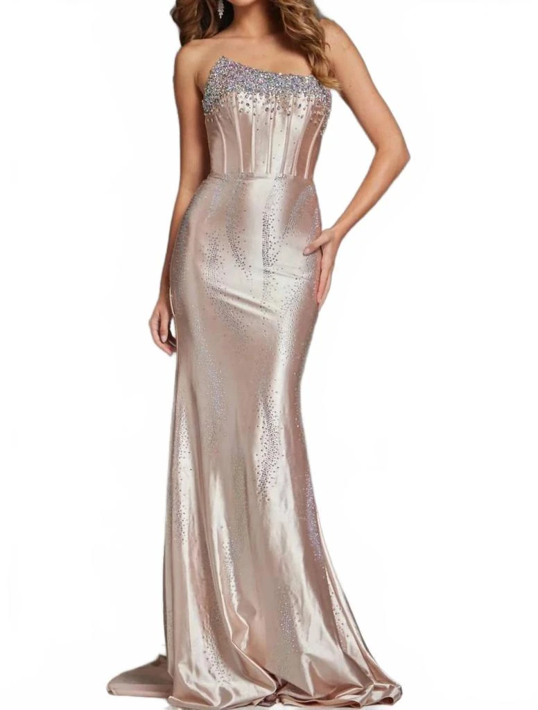 Jovani Strapless Embellished Satin Dress In Champagne 2