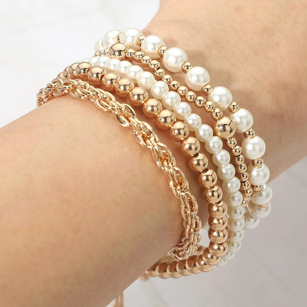 FASHNZFAB 5PCS - Pearl Metal Beaded Twisted Chain Adjustable Stretch Multi Layered Bracelets 5