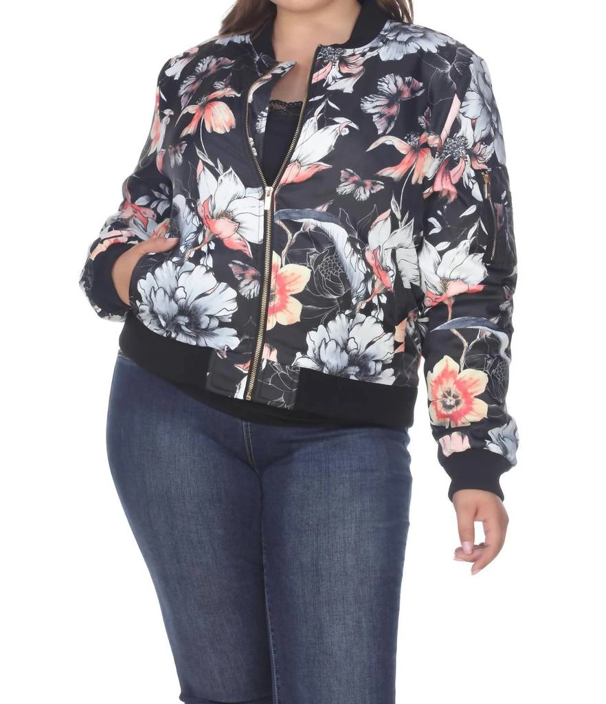 White Mark Floral Bomber Jacket - Plus Size In Black 1
