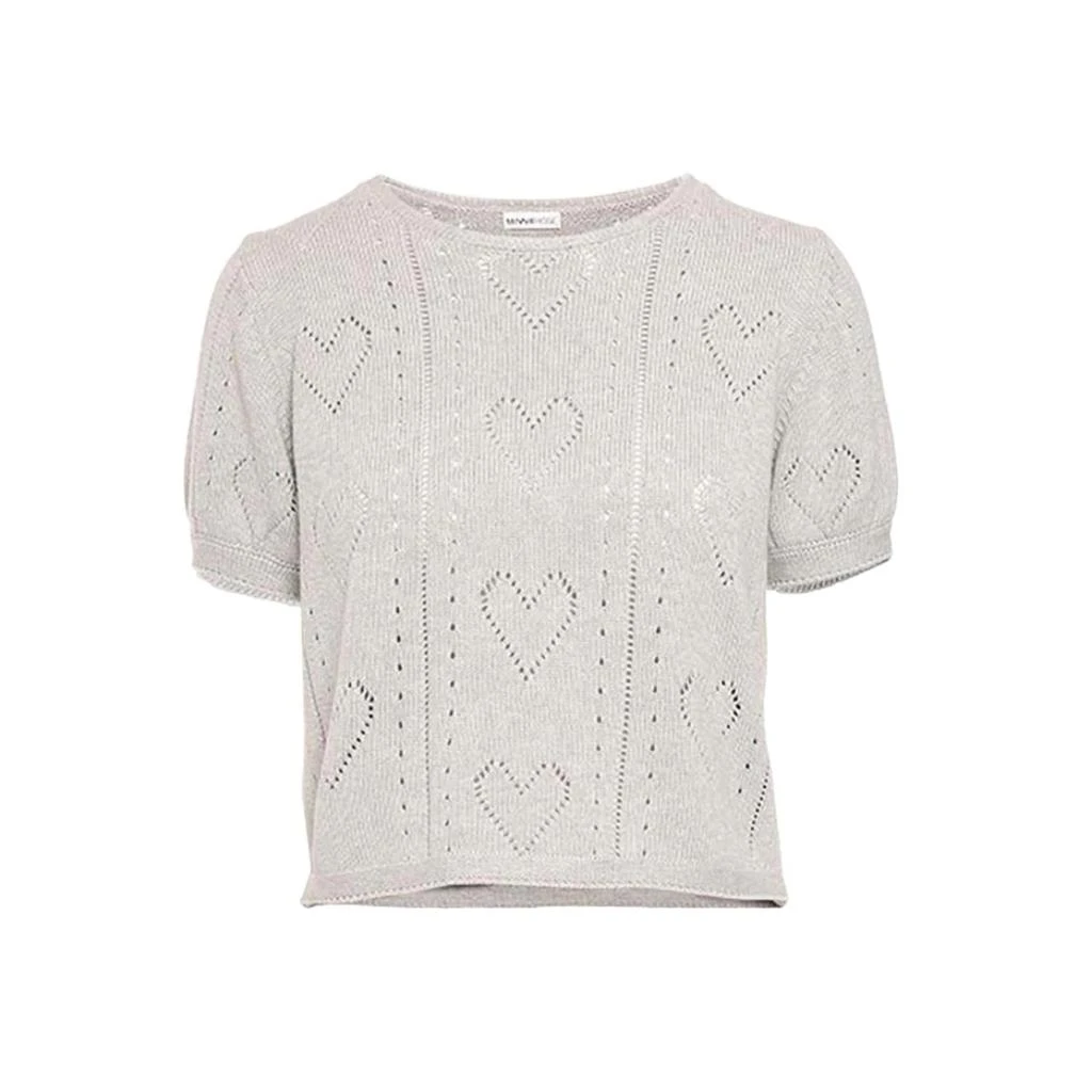 Minnie Rose Cotton/cashmere Ss Pointelle Crew Sweater In Silver Shadow 2