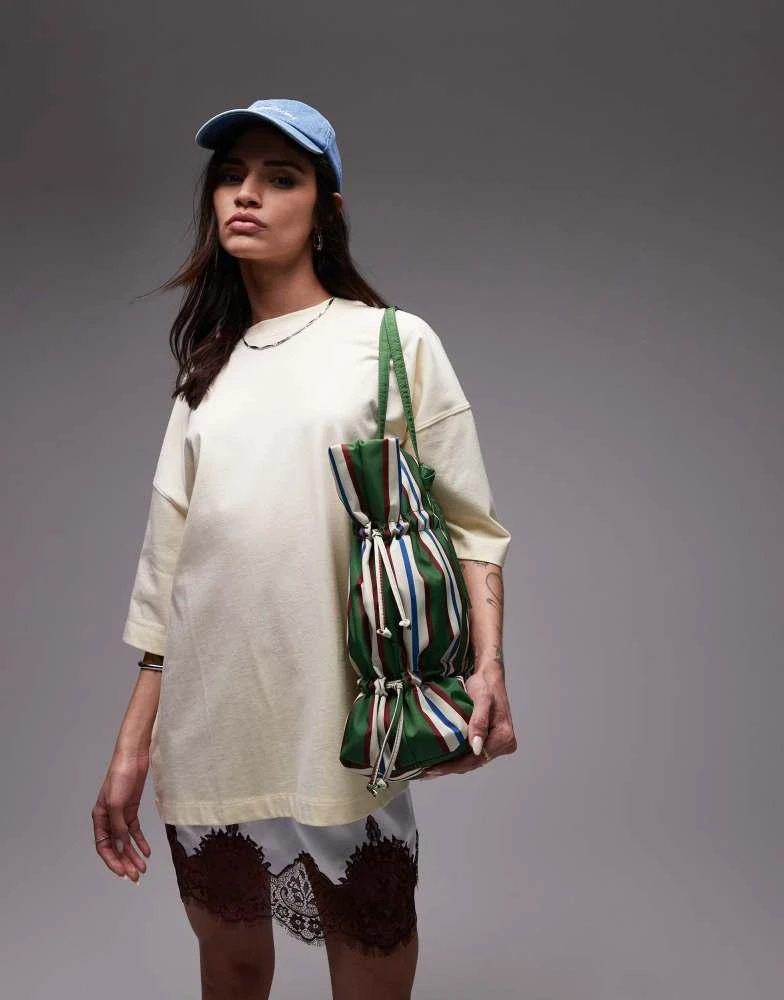 Topshop Topshop Tino nylon ruched tote bag in green stripe 4