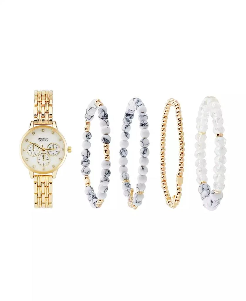 American Exchange Women's Shiny Gold Metal Alloy Band Analog Watch 31mm with Stackable Bracelets Gift Set 1