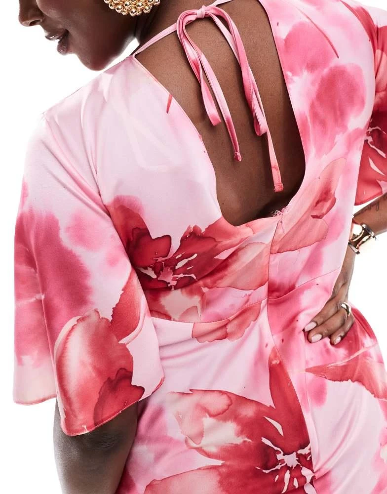ASOS ASOS DESIGN Curve satin flutter sleeve mini dress in pink floral print 2