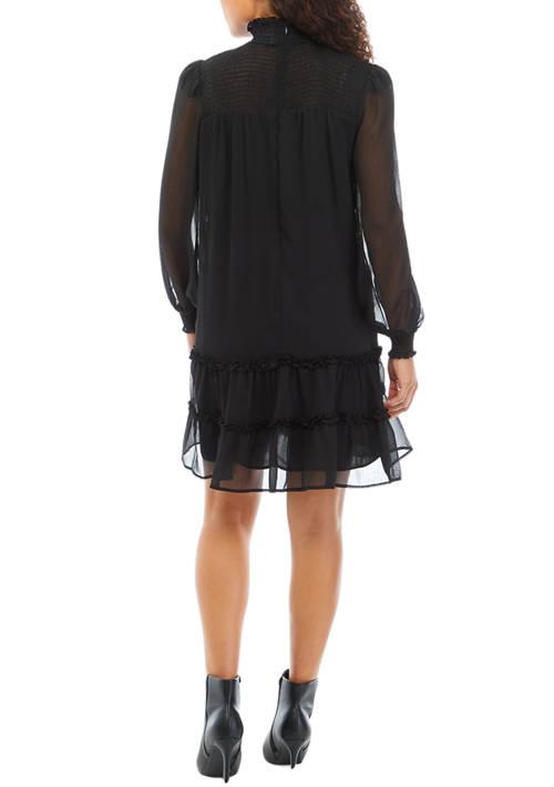 CeCe Petite Long Sleeve Smock Yoke Tiered Dress