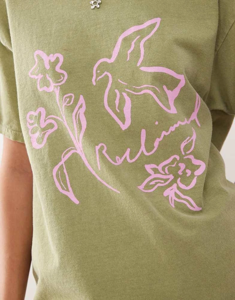 Reclaimed Vintage Reclaimed Vintage cotton oversized t-shirt with pink bird print in washed green 2