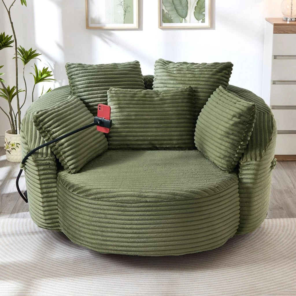 Streamdale Furniture Streamdale Green Corduroy 360° Swivel Accent Barrel Chair with 5 Pillows 
Phone Holder