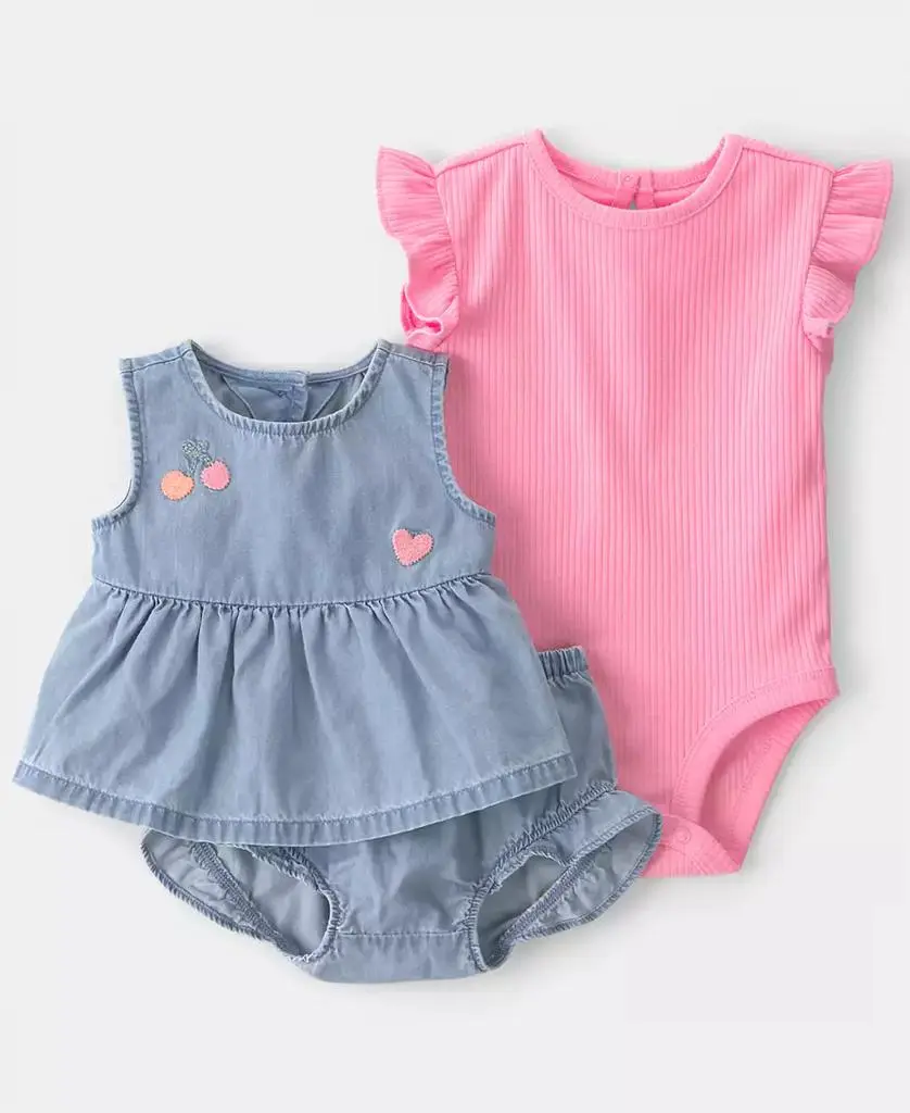 Carter's Baby Girls' Cherry Chambray Sleeveless Top, Bodysuit & Shorts, 3-Piece Set