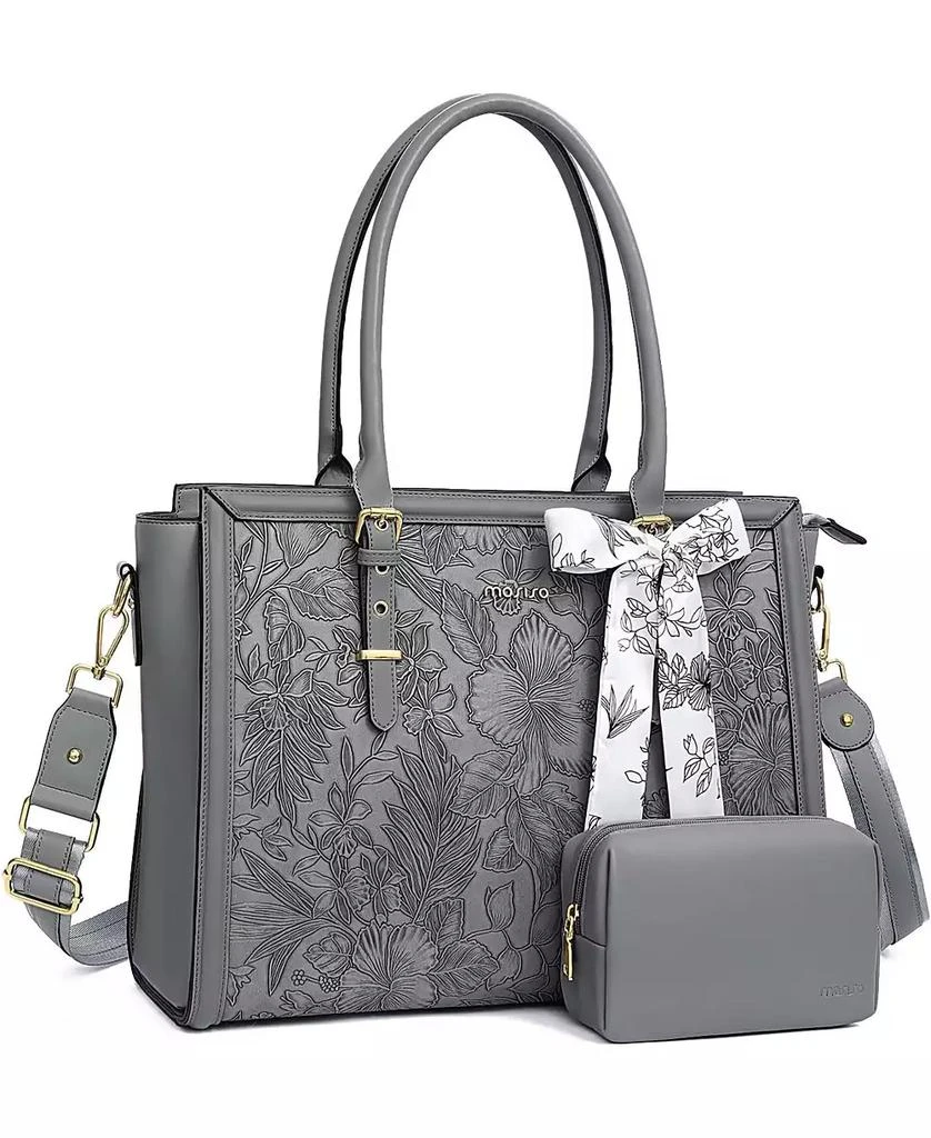 MOSISO Gray 17-17.3 Inch PU Leather Laptop Tote Bag for Women - Compatible with MacBook, HP, Dell, Asus - Retro Hibiscus Embossed Computer Bag