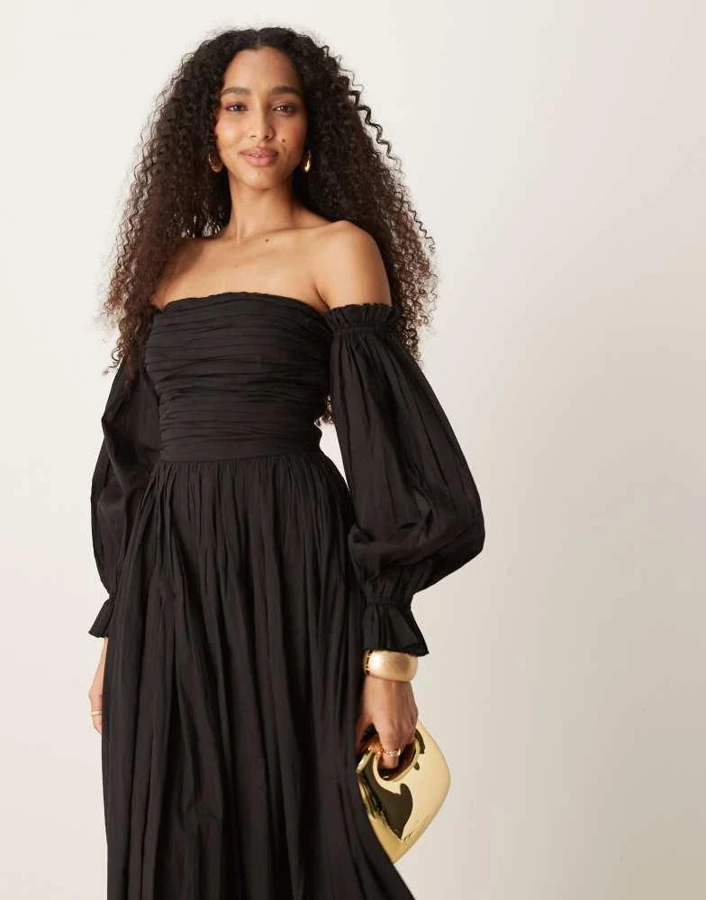 Lace & Beads bardot balloon sleeve cotton maxi dress in black  On Sale Now  with Up to 50% Off | Discover Exclusive Deals & Savings at BeyondStyle   Authentic Lace &
