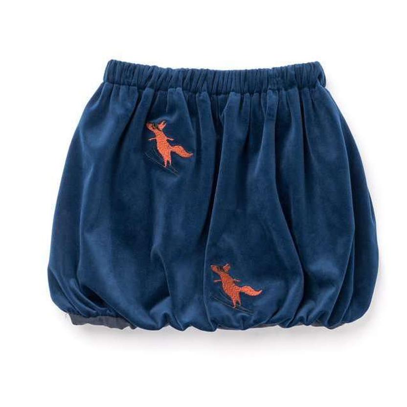 Omamimini Velvet Bubble Skirt with Foxes Embroidery