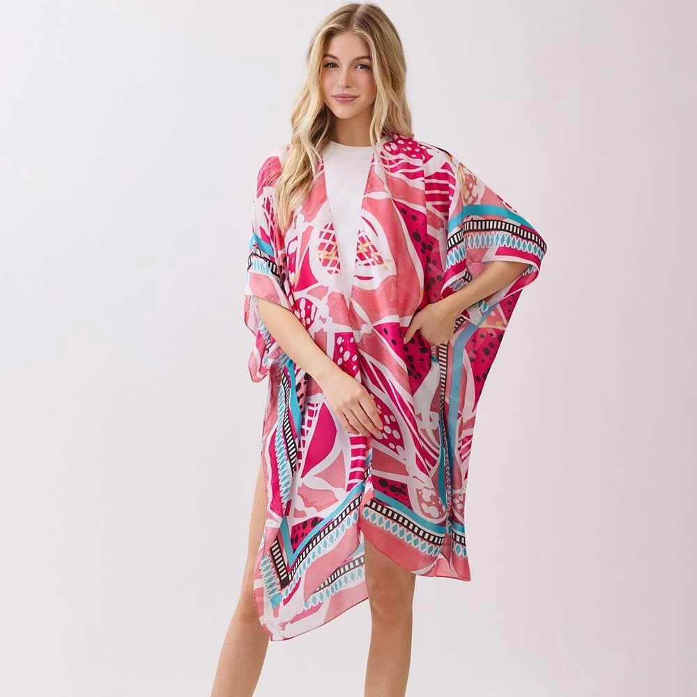 TRUEDAMES Abstract Botanical Print Silky Feel Kimono Poncho