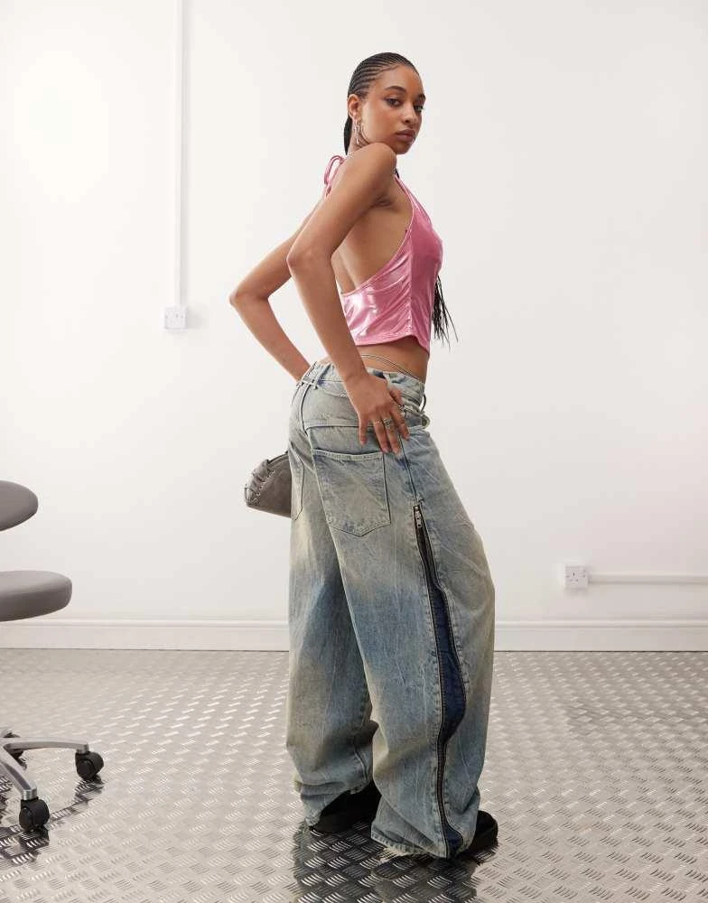 COLLUSION COLLUSION x013 mid rise wide leg jeans with side zips in midwash blue 1
