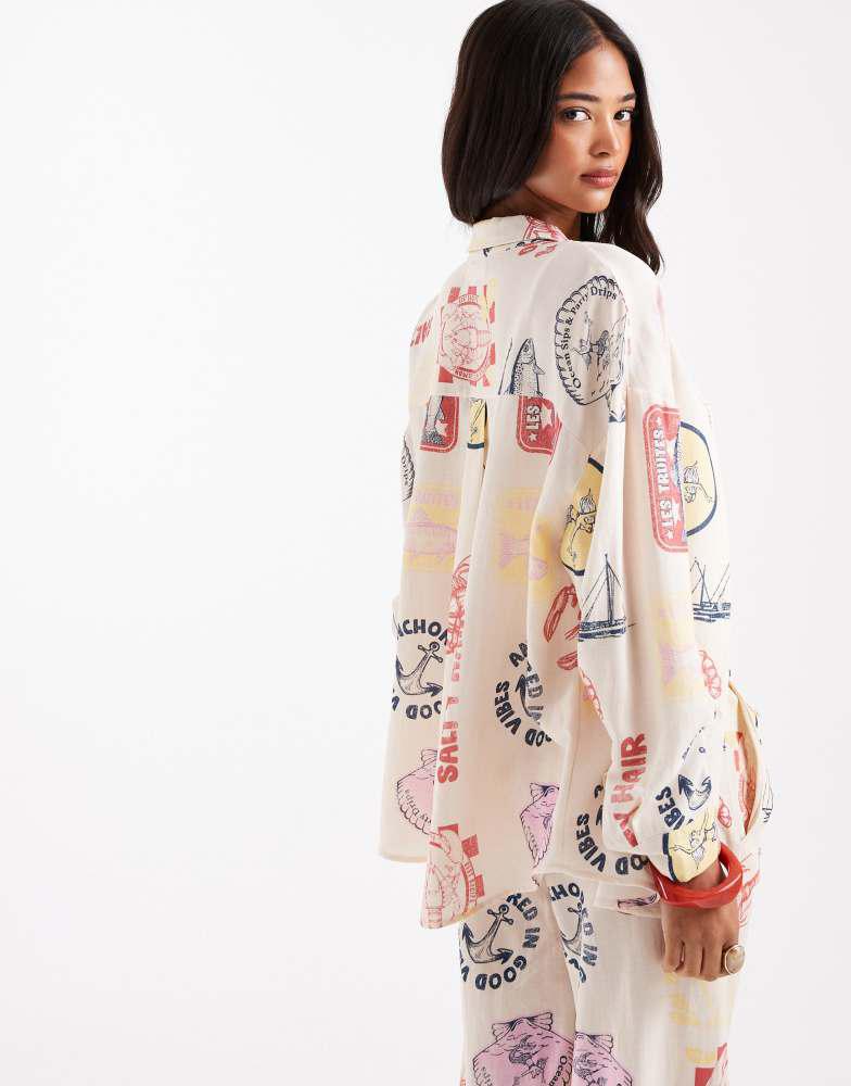 Pull&Bear Pull&Bear printed summer shirt co-ord in ecru