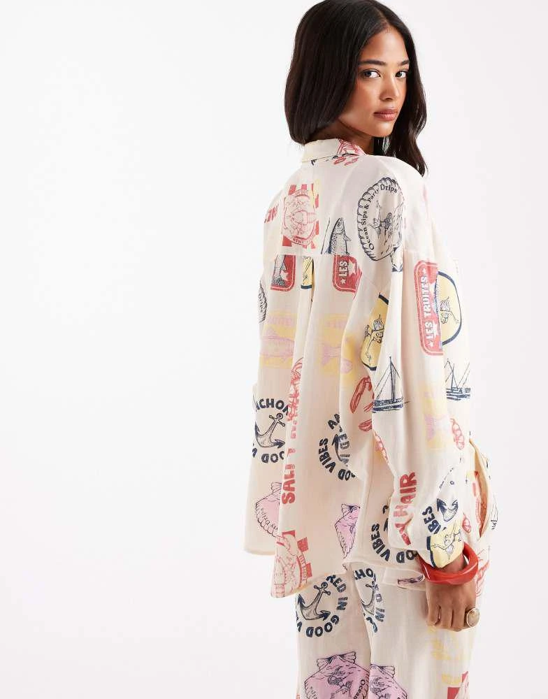 Pull&Bear Pull&Bear printed summer shirt co-ord in ecru 2