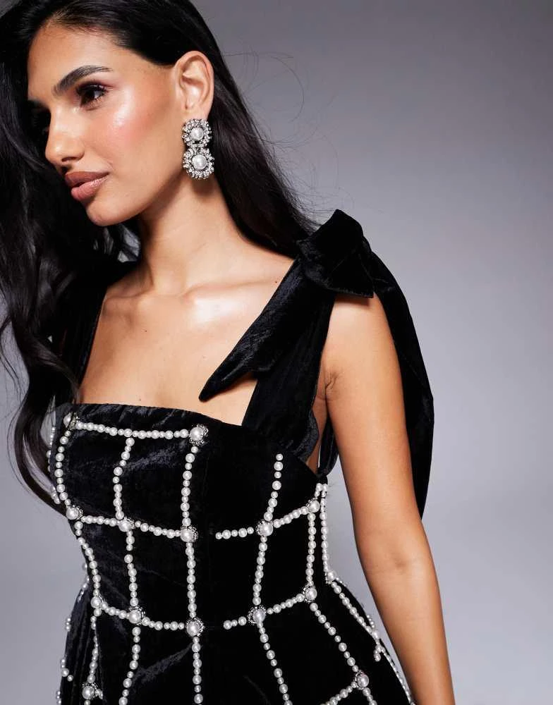 ASOS LUXE ASOS LUXE velvet pearl embellished caged mini dress with bow straps in black 4