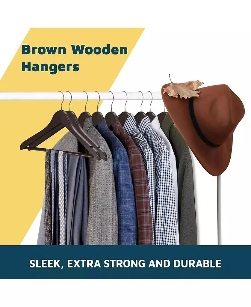 Lifemaster 80-pack brown wooden hangers with 360° swivel hook, non-slip notches, and pants bar. Supports up to 10 lbs—ideal for suits, dresses 
coats 7