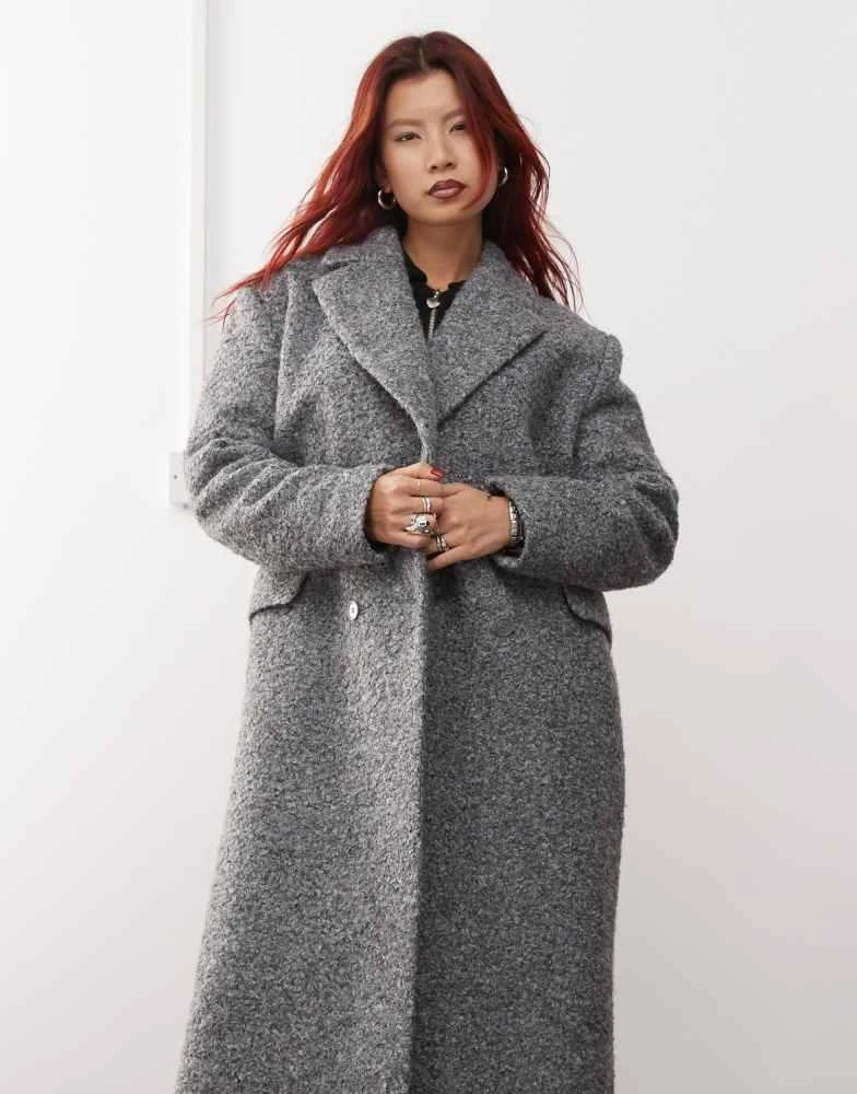 Monki Monki textured long double breasted coat in grey 3