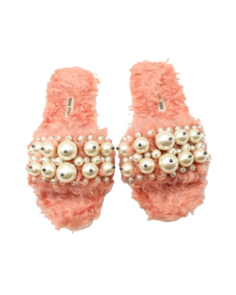 Miu Miu Pearl Embellished Slides in Pink Faux Fur 4